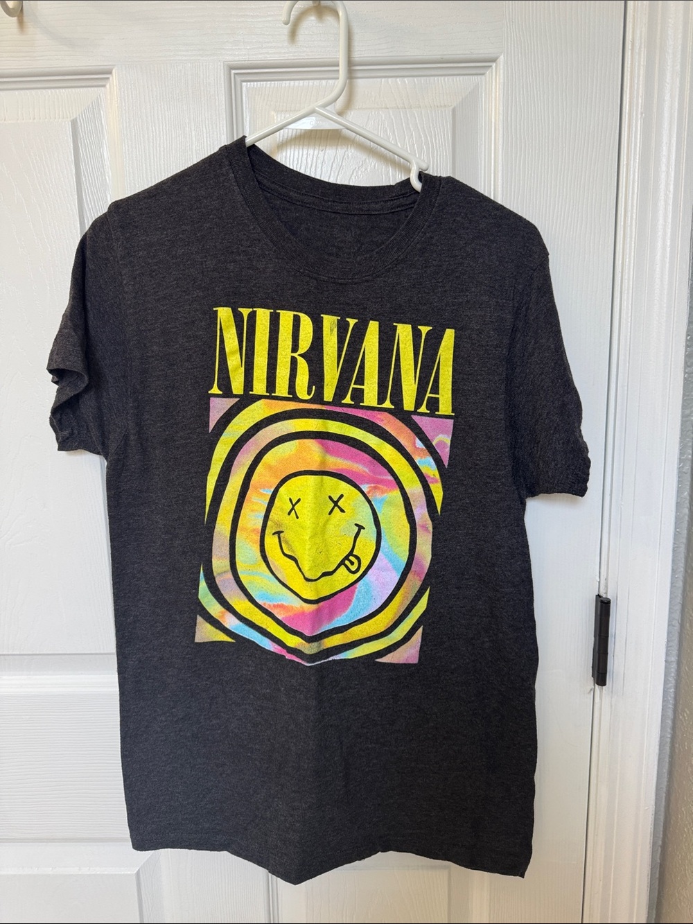 NIRVANA Charcoal Tee with Yellow Logo and Multicolor Tie-Dye Smile